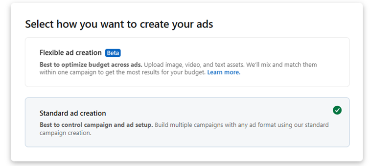 Selecting an ad creation process