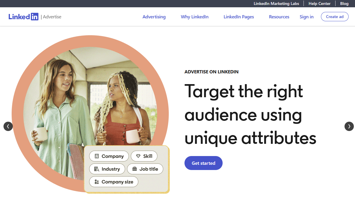Starting page of LinkedIn Advertise website.