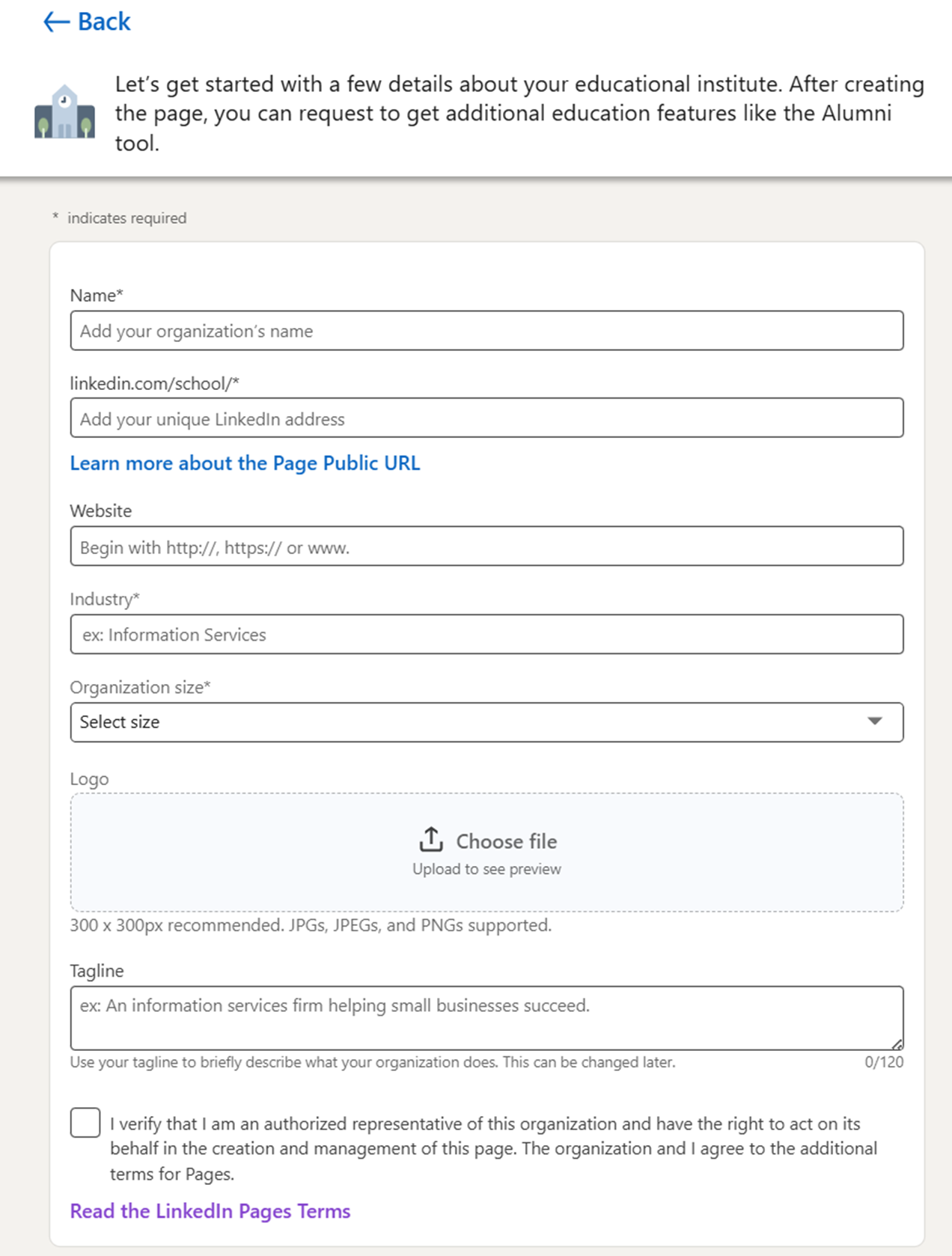 Set up LinkedIn page – example: educational institute.